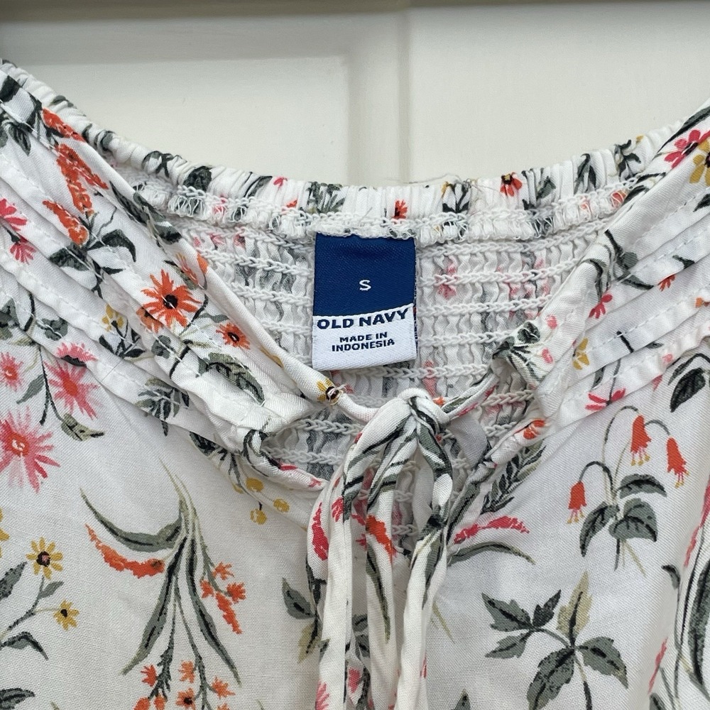 Old Navy White Floral Pink Puff Short Sleeve‎ MIDI Dress Elastic Back Sz Small